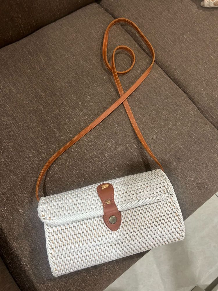 White Woven Clutch with Leather Strap