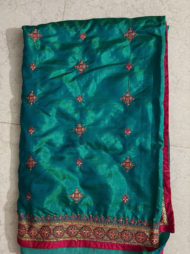 Beautiful Teal Embroidered Silk Saree