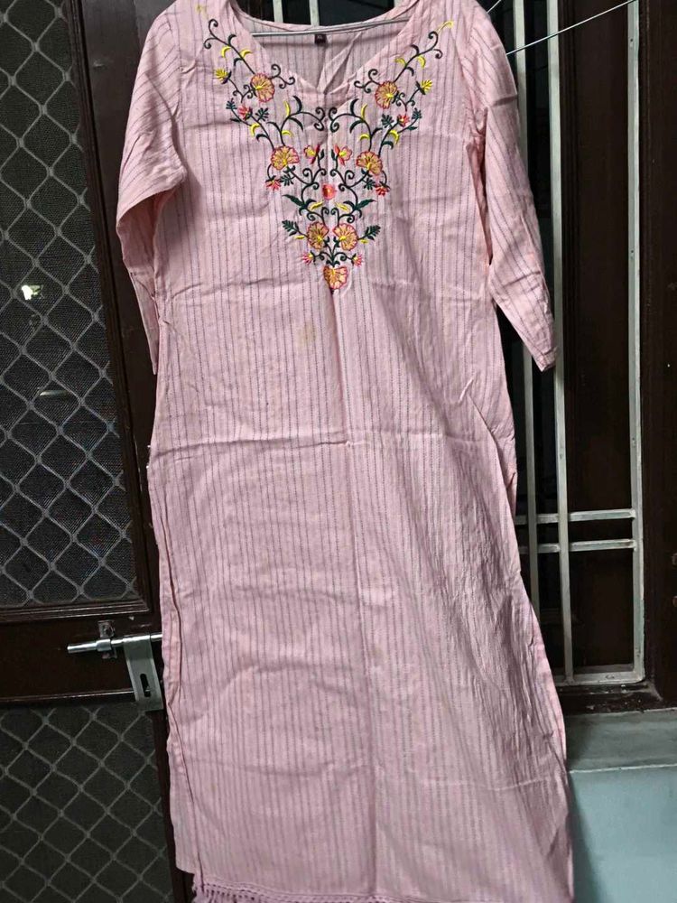 Embroidered Pink Striped Kurta