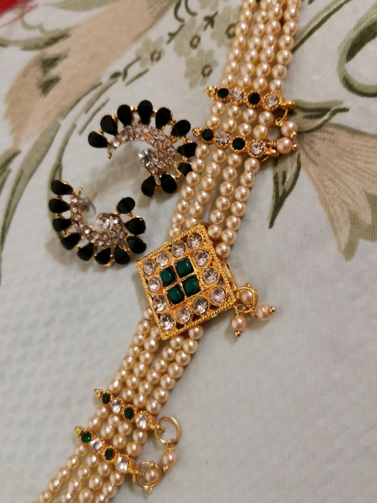 Pearl Choker Necklace &amp; Earrings Combo