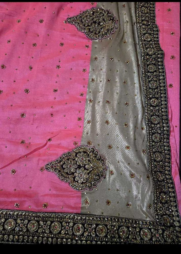 Elegant Pink &amp; Gold Embellished Saree