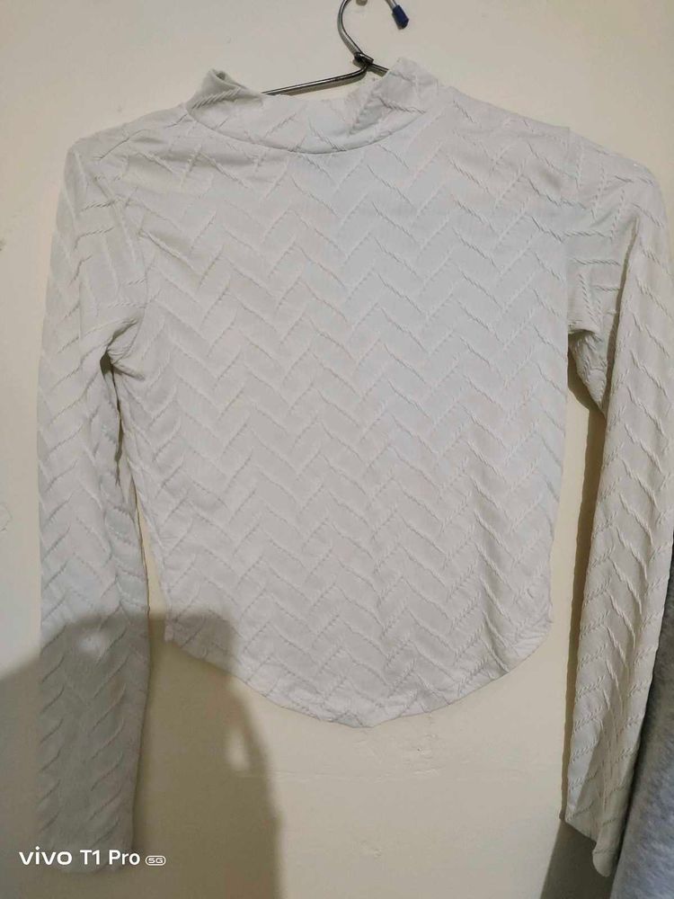 White Textured Mock Neck Top