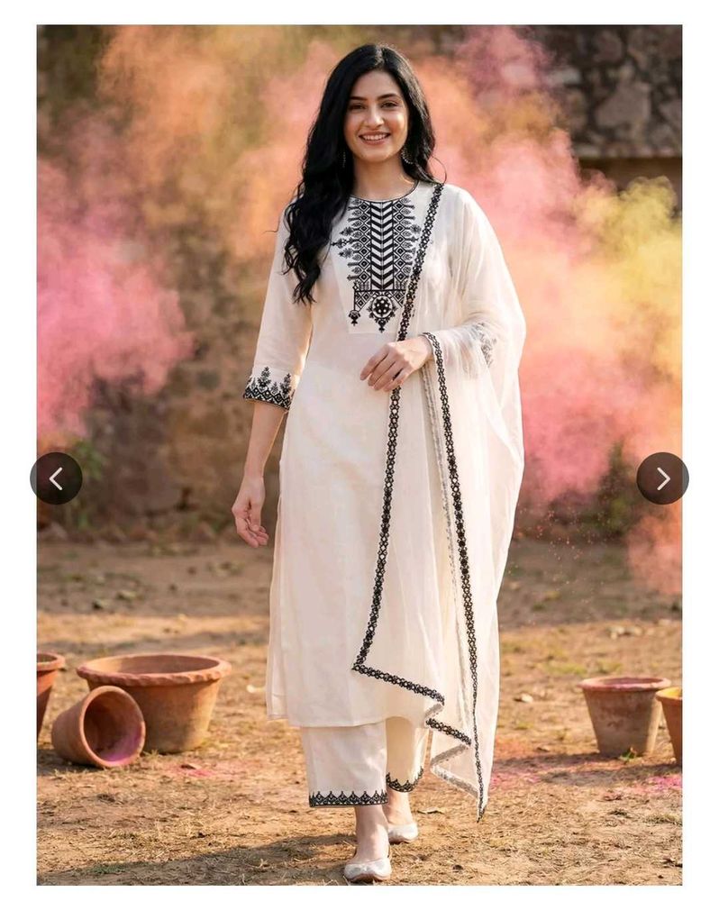 Indo Era White Floral Yoke Mirror Work Kurta set