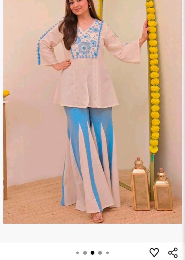 White Kurta Set with Blue Embroidery