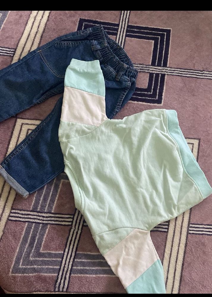 Girls' Denim Jeans and Colorblock Top Set