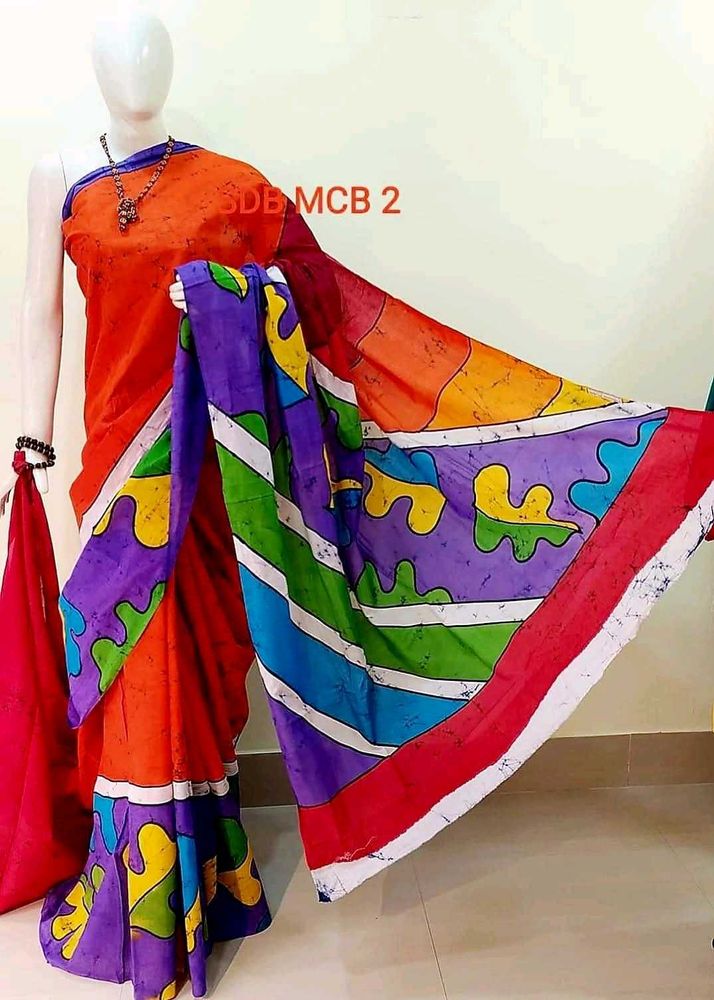 New Vibrant Orange Batik Painted cotton Saree with
