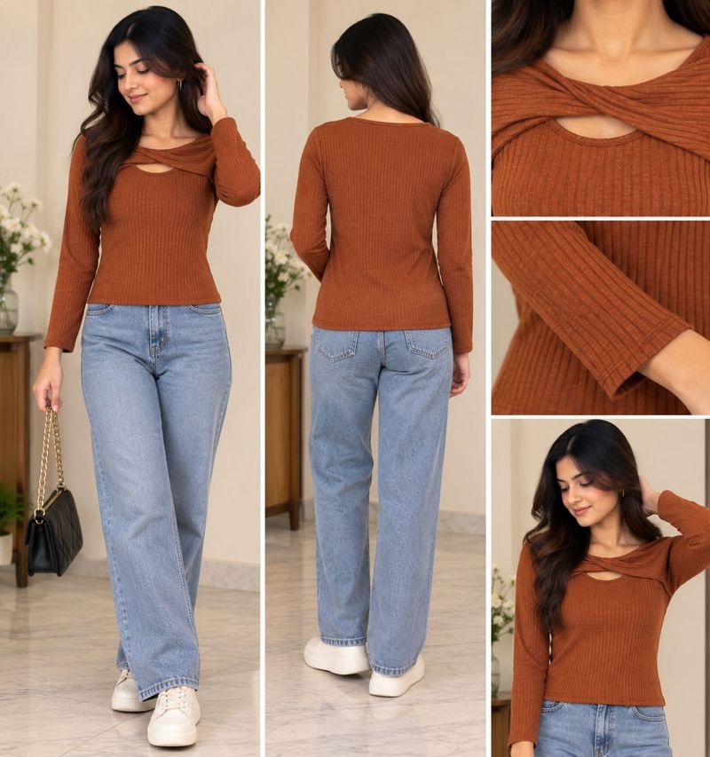 Ribbed Twist Neck Long Sleeve Top