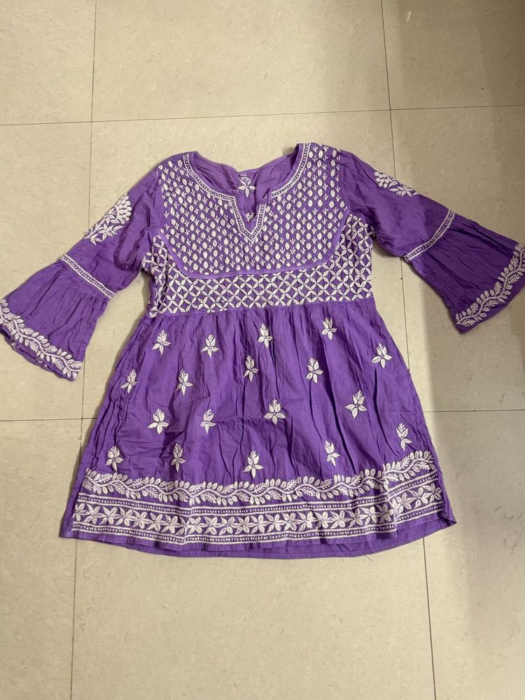 Purple Embroidered Flared Kurti