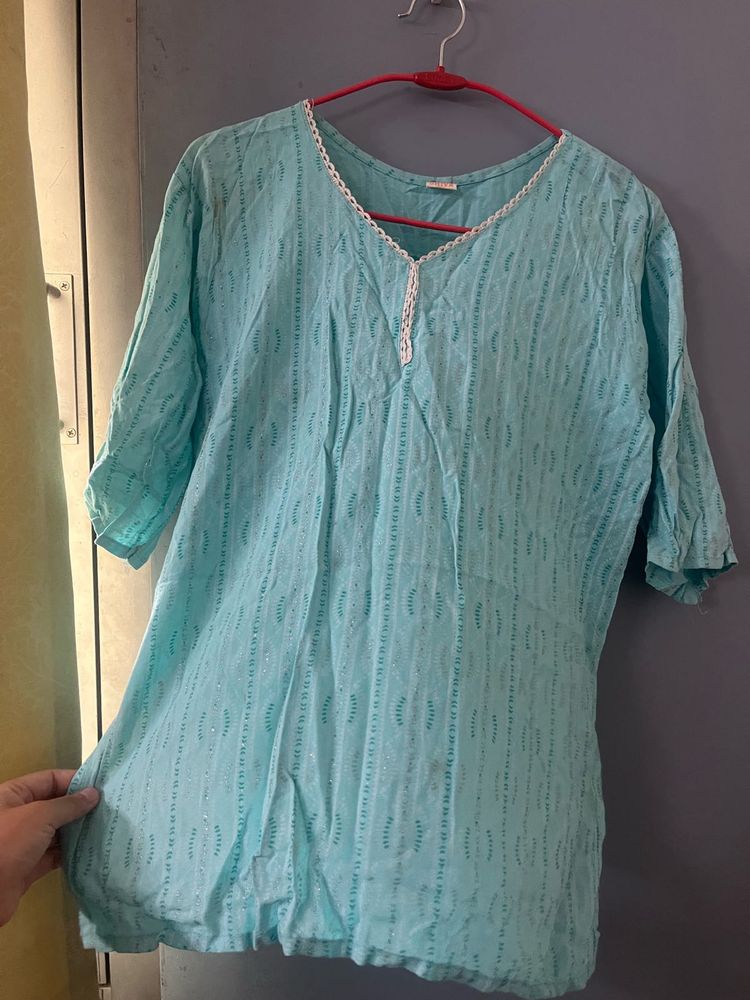 Sky Blue Printed Kurti with Lace Detail