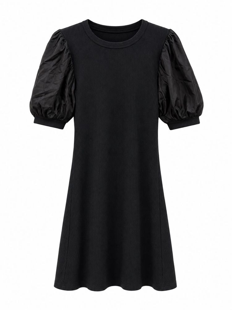Black Puff Sleeve Ribbed Dress