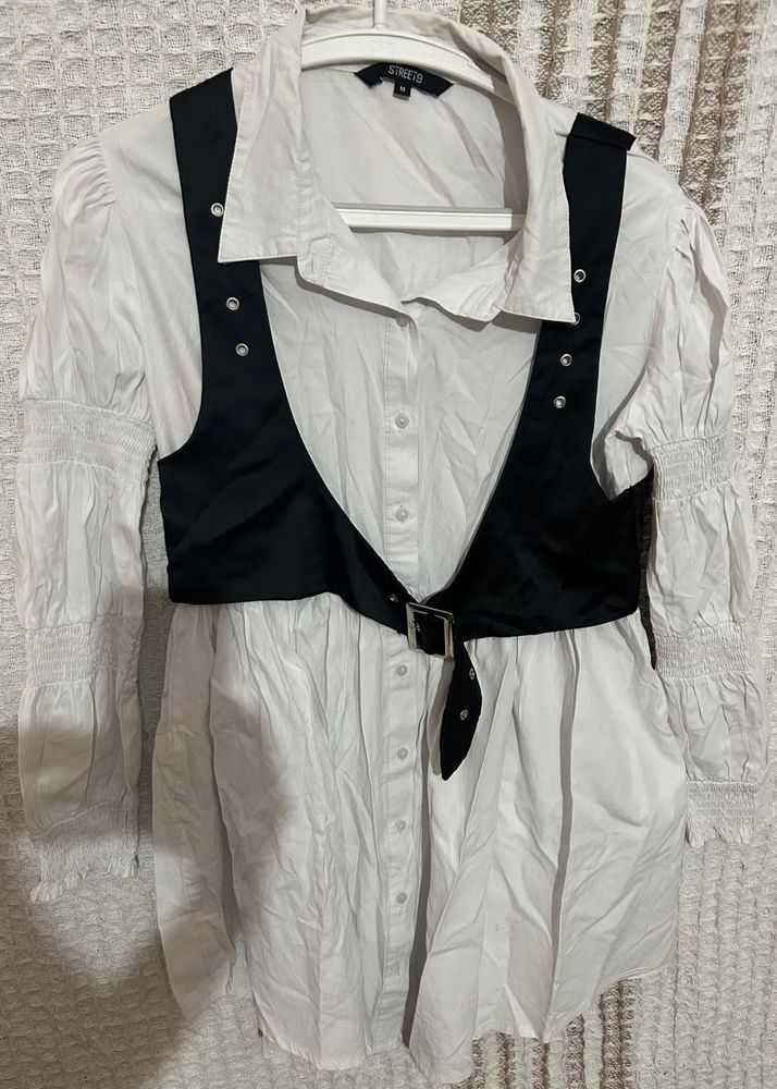 Chic White Shirt Dress with Black Harness
