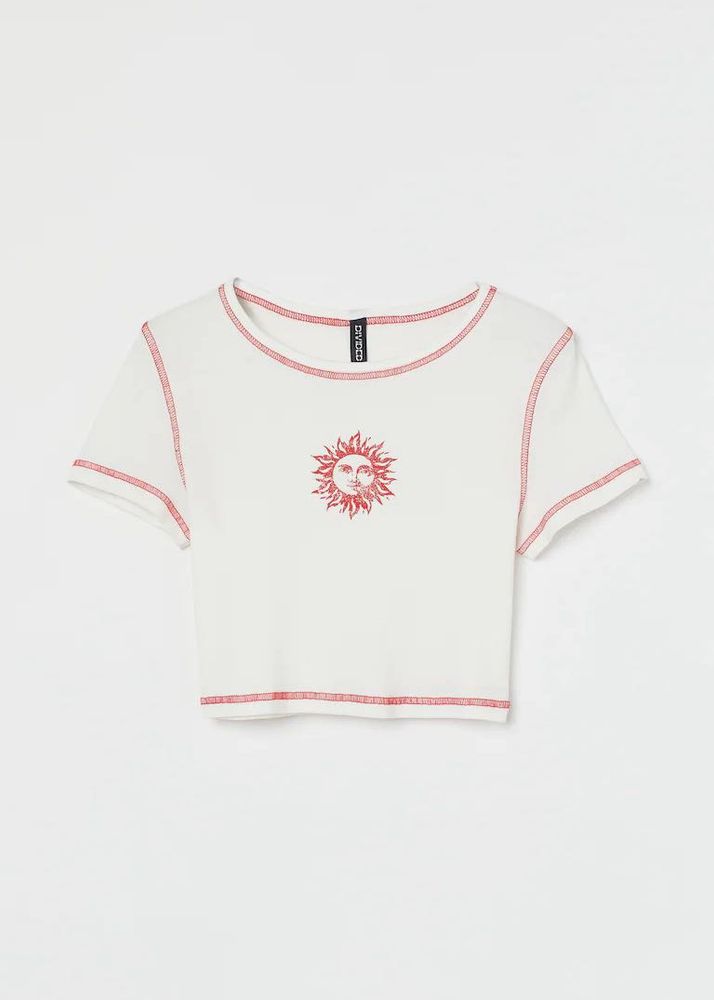 H&amp;M White Cropped Top with Sun Design