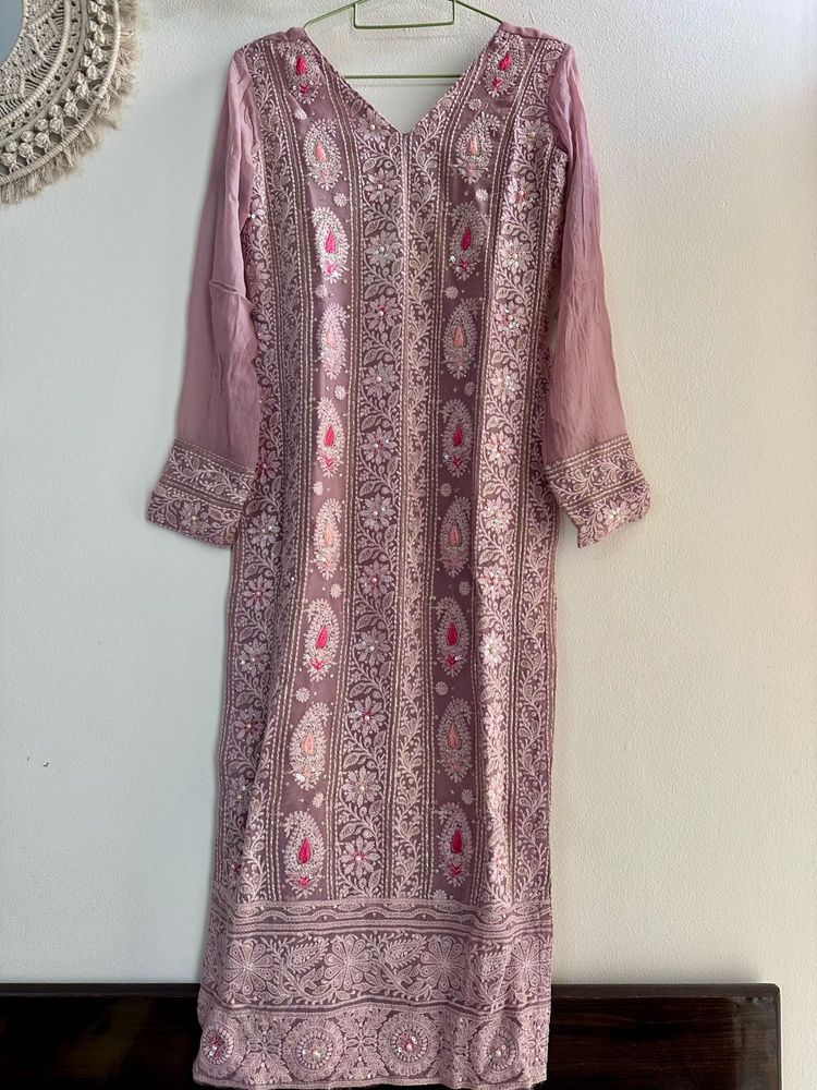 Mauve Handcrafted chickenkari suit pallazzo set