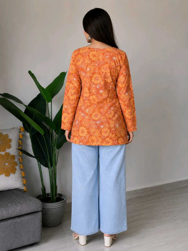 Orange Floral Print Kurta_XXL
