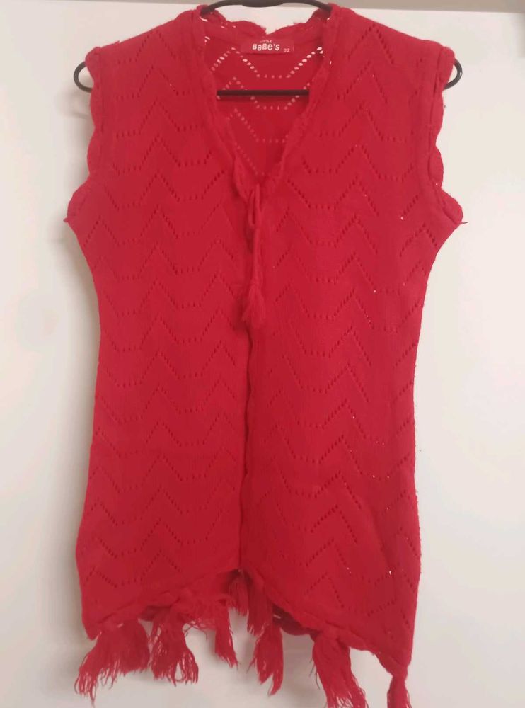 Red Knitted Sleeveless Cardigan