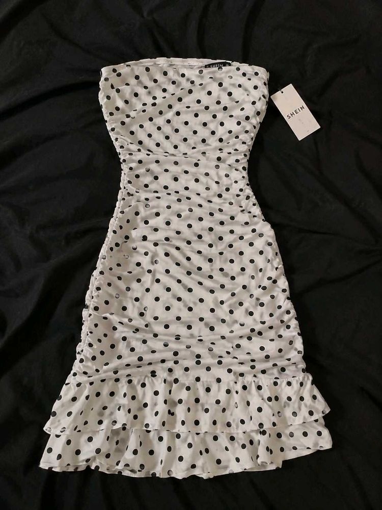 Polka Dot Strapless Ruched Mini Dress