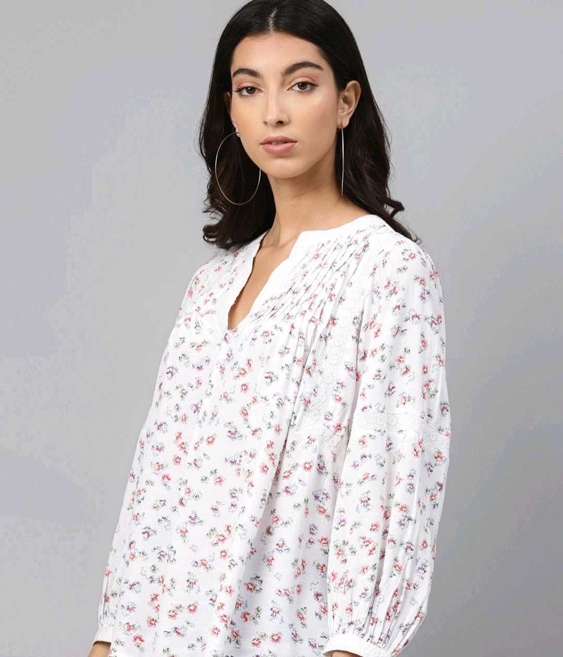 White Floral Print V-Neck Top