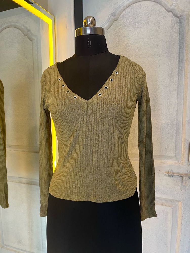 Ribbed V-Neck Top with Eyelet Detail