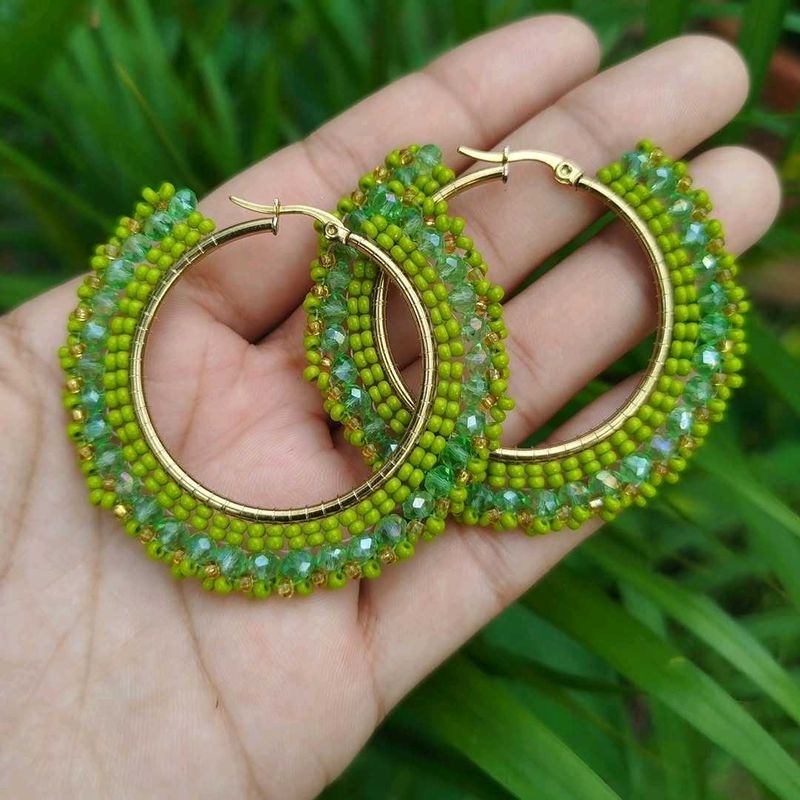 Green Beaded Hoop Earrings