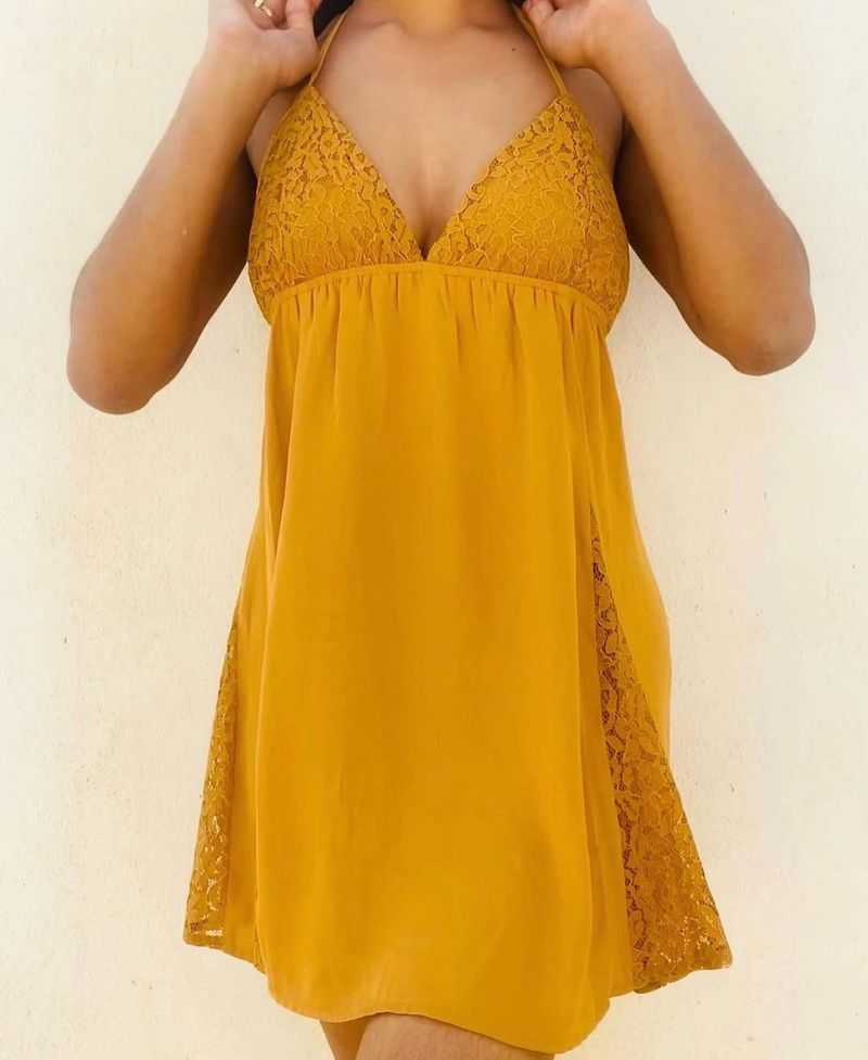 Mustard Yellow Lace Trim Dress