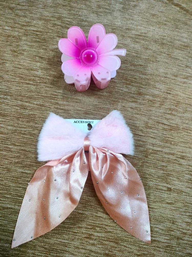 Cute Pink Flower &amp; Bow Hair Clips