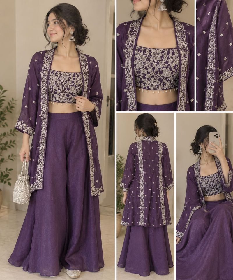 Embroidered Purple Blouse , plazo wit