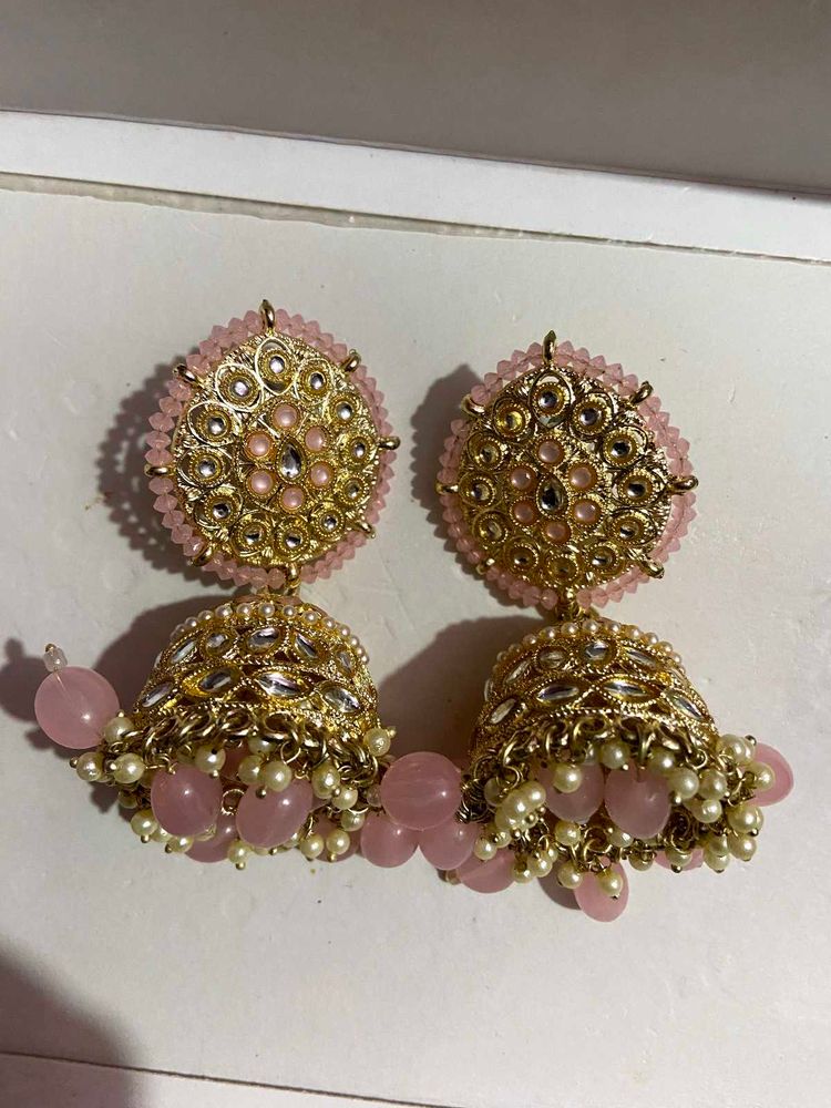(Very Heavyweight) Elegant Pink Jhumka Earrings