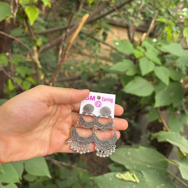 Boho Silver Oxidised Jhumka Earrings