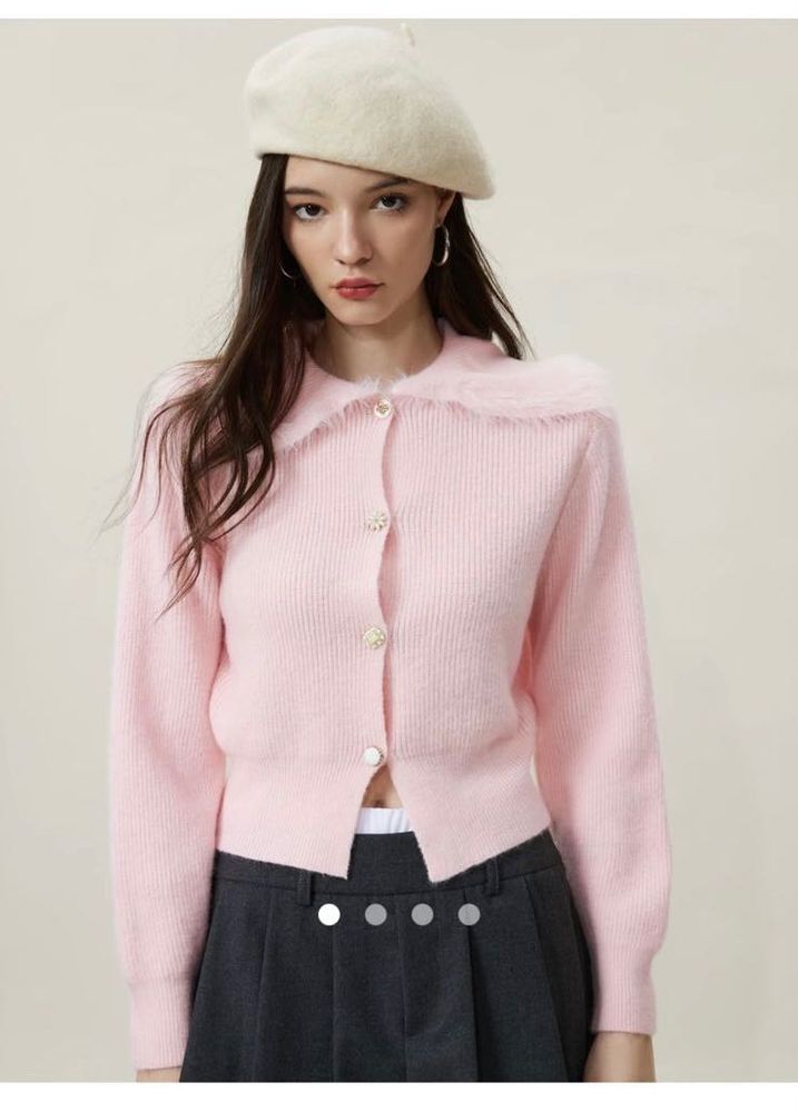 Cute Pink Cardigan w/ Faux Fur Collar