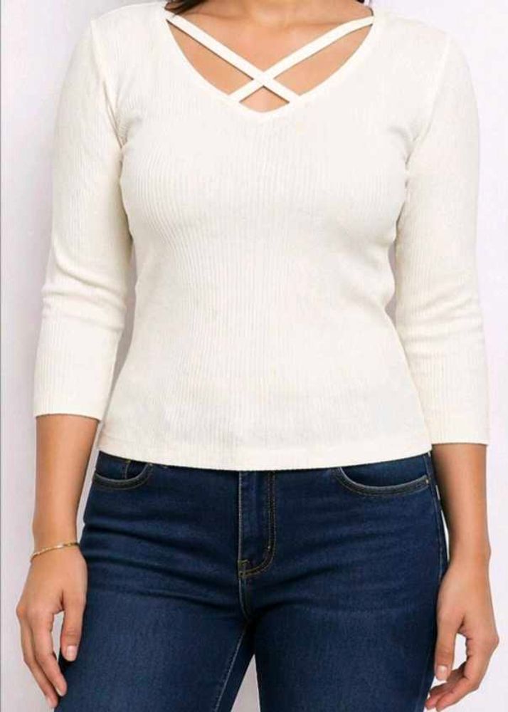 Cream Ribbed Criss-Cross Neck Top