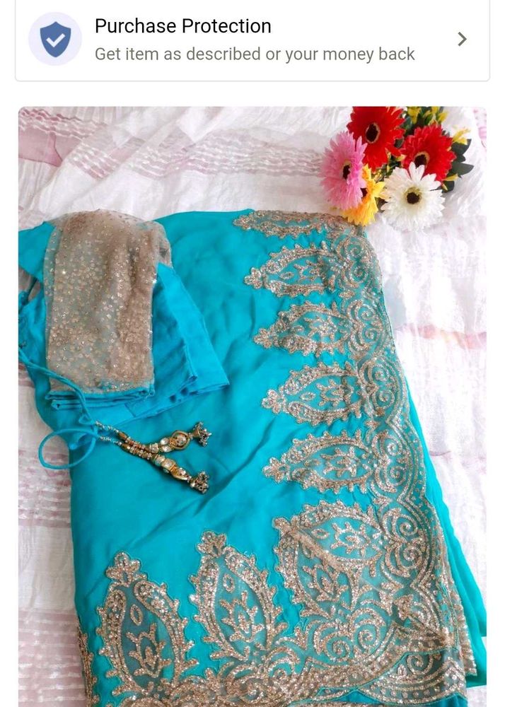 Teal &amp; Gold Embroidered Indian Saree
