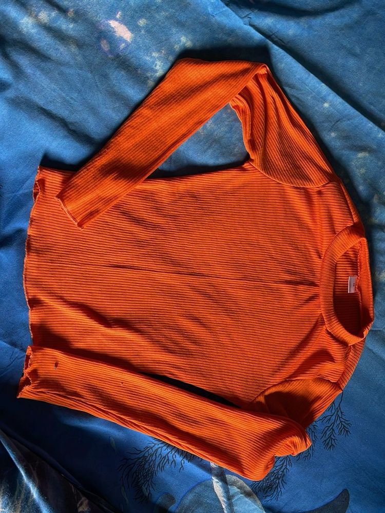 Orange Ribbed Long Sleeve Top