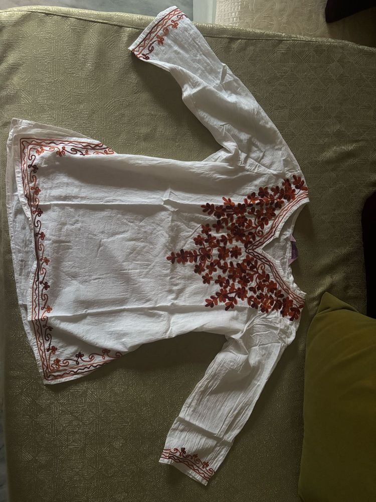 White Kurta with Red Embroidery