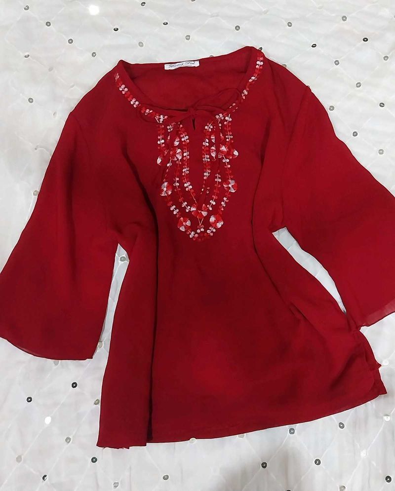 Red Embroidered Kurti with tie up detailing