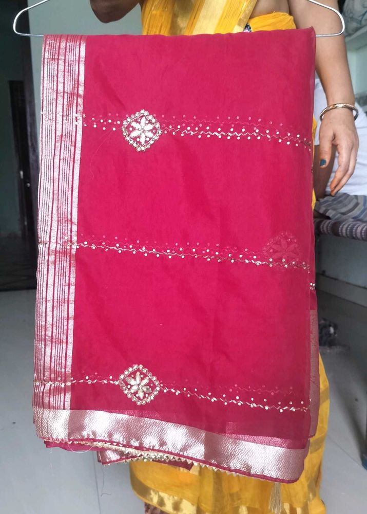 Magenta Soft Organza Handwork Saree with Zari Bord