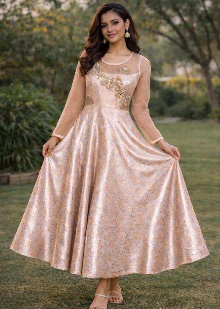 Elegant Peach Gown with Floral Embroidery