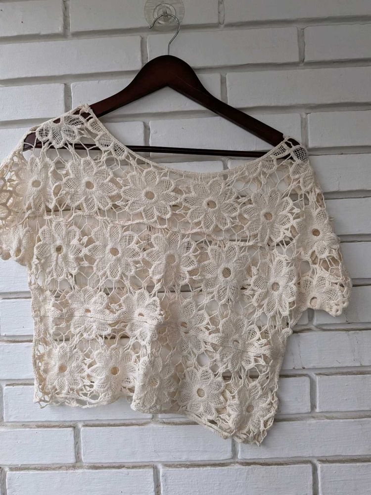 Cream Lace Floral Cropped Top
