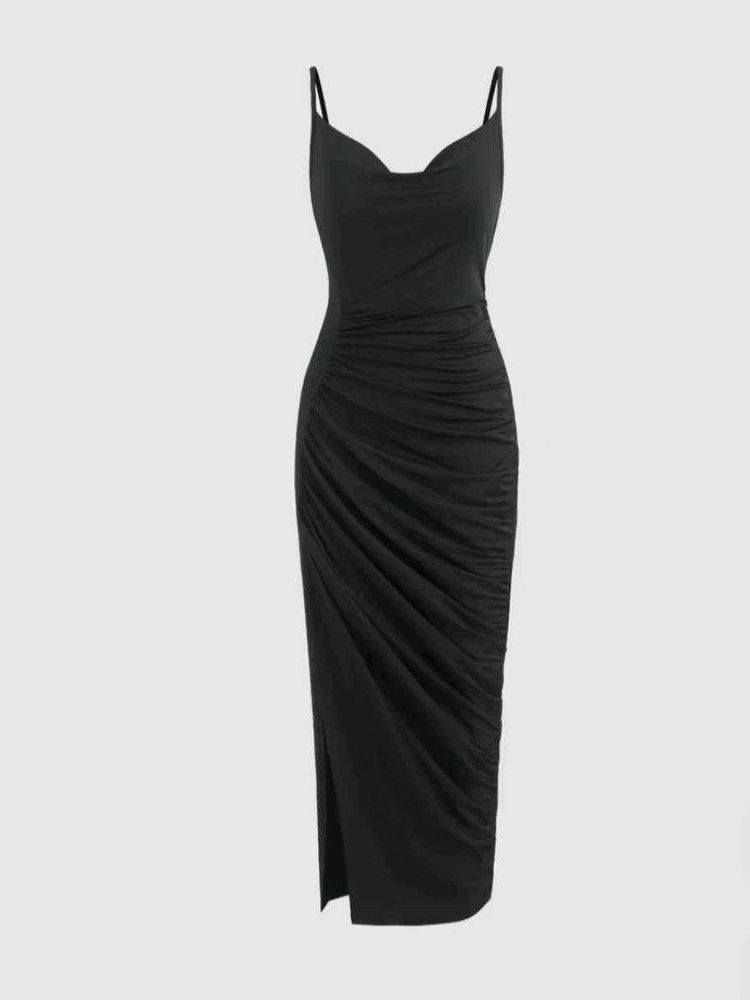 Chic Black Ruched Midi Dress