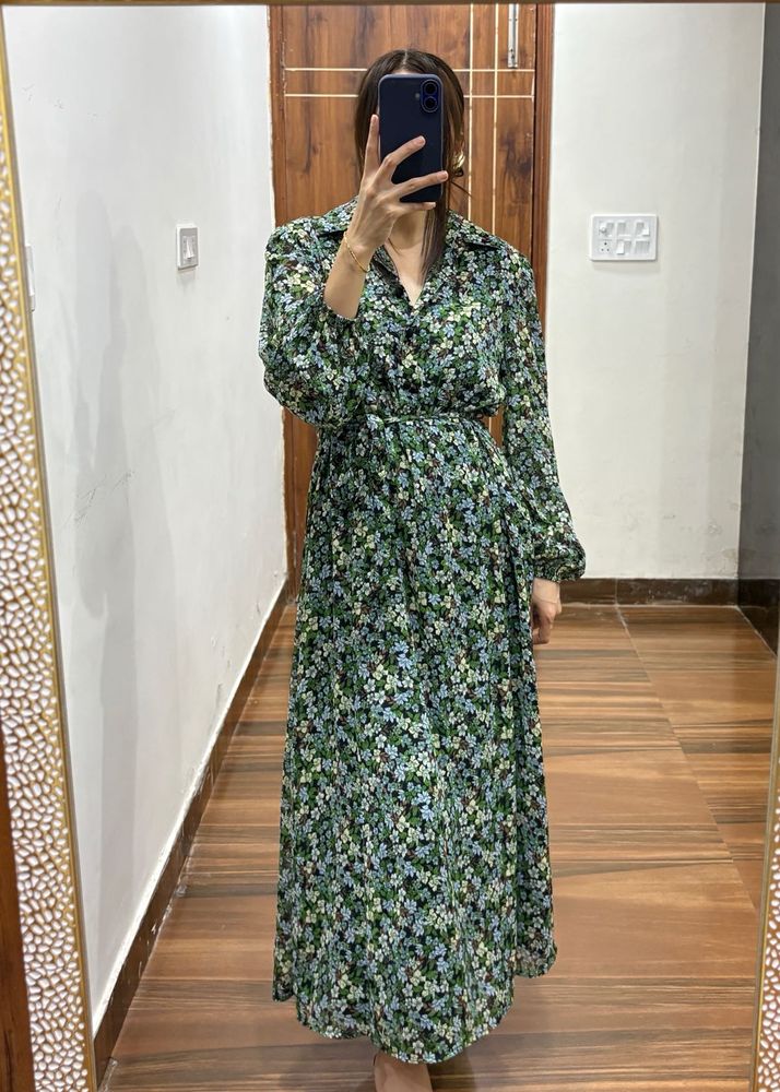 Long Sleeve Green Dainty Floral Print Midi Dress