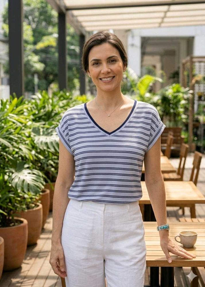 Striped V-Neck Casual Blue Top