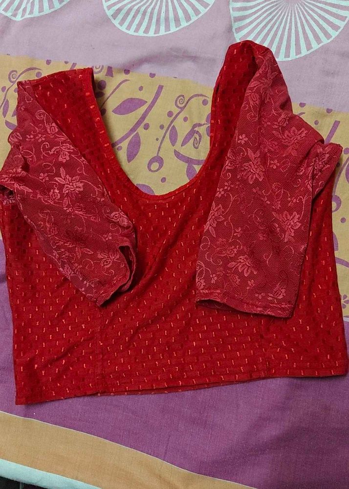 used unwashed Elegant Red Blouse with Lace Sleeves
