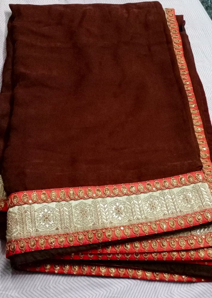 Brown &amp; Gold Embellished Saree