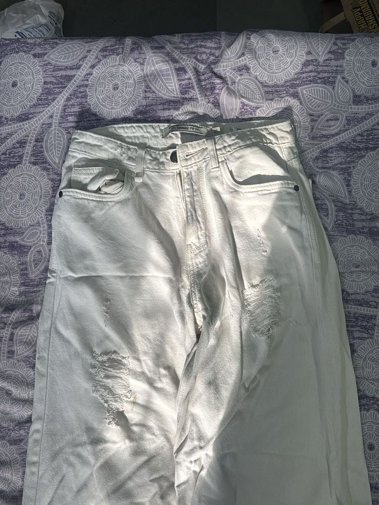 White Ripped Wide Leg Jeans