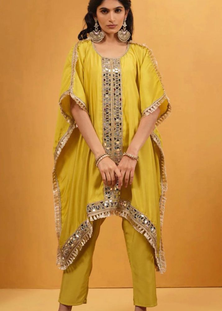 Yellow Kaftan Kurta Set with Mirror Work