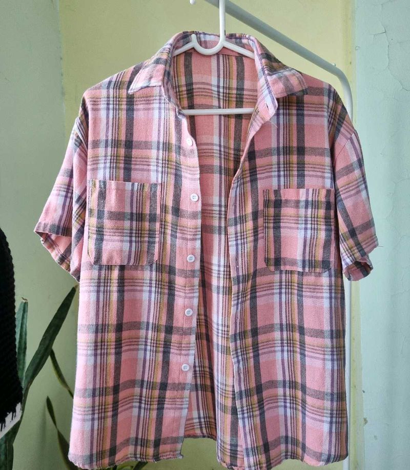 Pink Plaid Short Sleeve Button-Up Shirt