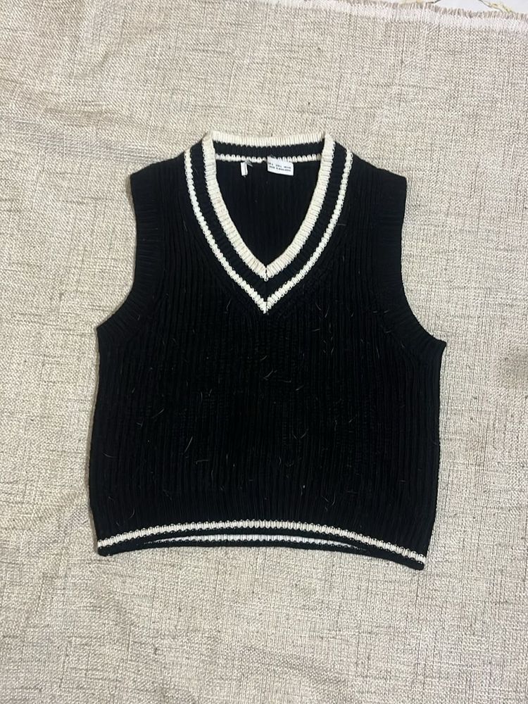 Black Knit Sweater Vest with White Trim