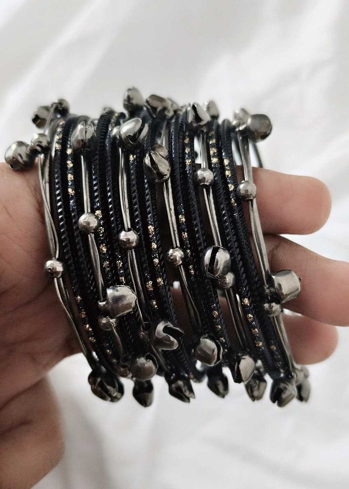 Set of Dark Metal Bangles with Bells