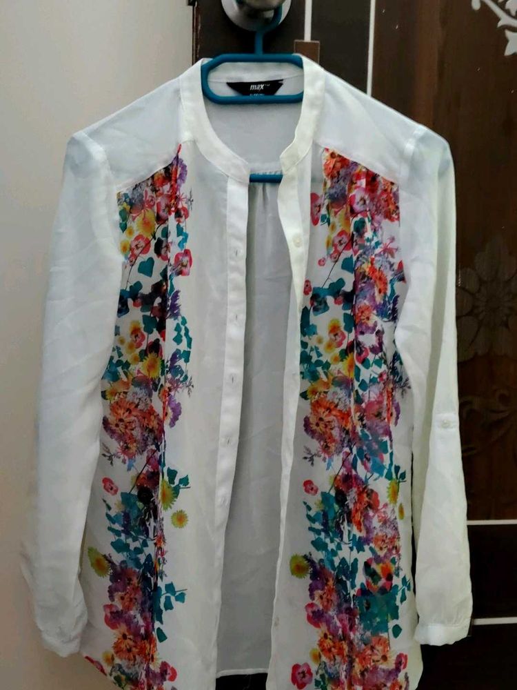 White Floral Print Button-Up Top