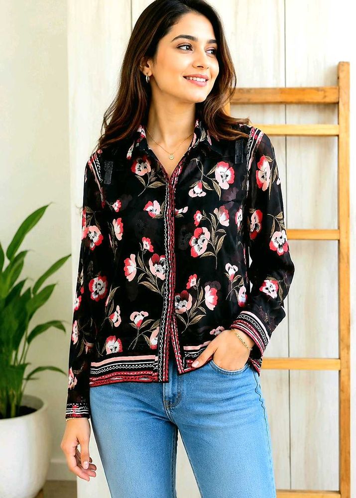 Chic Floral Print Button-Up Shirt Size-34