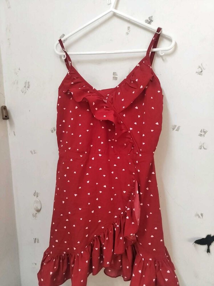 Red Heart Print Ruffle Dress